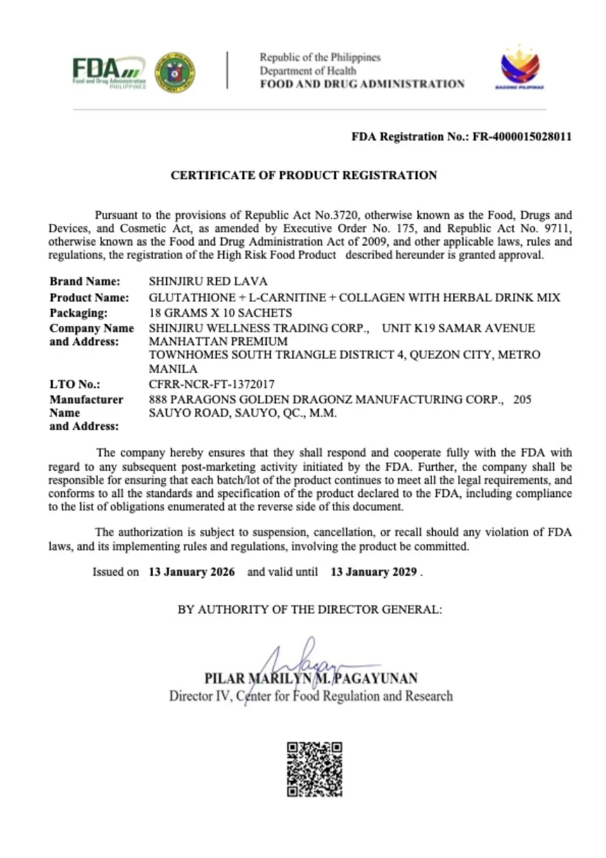Red Lava FDA Certificate of Product Registration